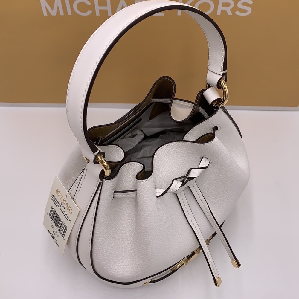 MICHAEL KORS  Reed Medium Pebbled Leather Bucket Bag Optic White NWT - Picture 8 of 16